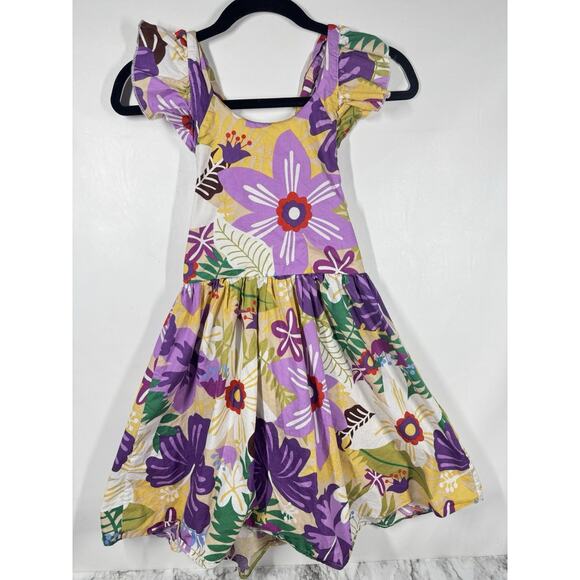 Girls Floral Cotton Dress Size 8-10 Tie Back Flutter Sleeve Hibiscus Sundress - Picture 1 of 5